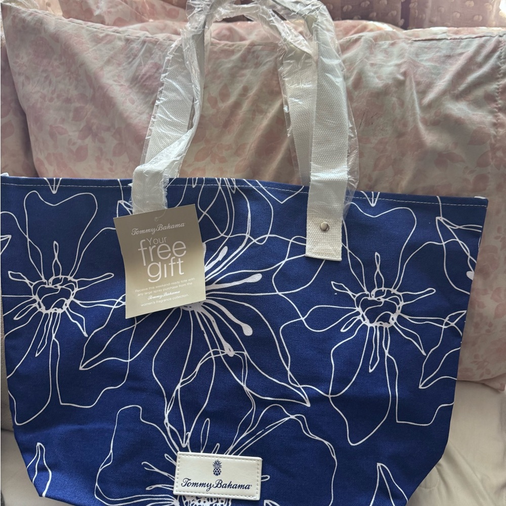 Tommy Bahama Navy Blue Floral Canvas Tote with White Handles